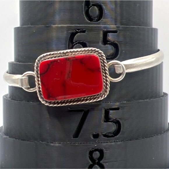 Sterling Silver Mexico 925 Red Stone Bangle Bracelet 6.5" - Picture 7 of 8